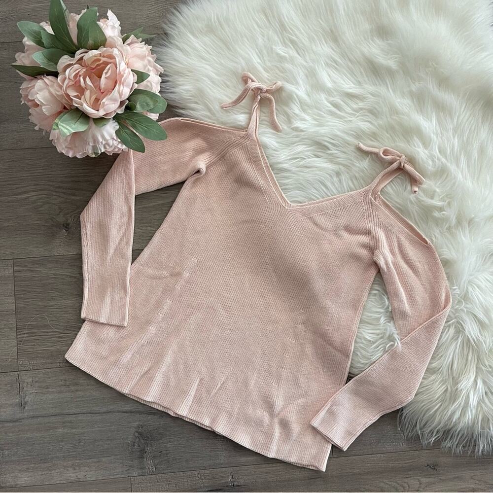 New LOFT‎ Light Pink Cold Shoulder Bow Tie Strap Sweater XS